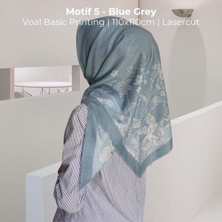 Jilbab Voal Motif Bunga Blue Grey Murah Berkualitas – Tepian Lasercut 110×110