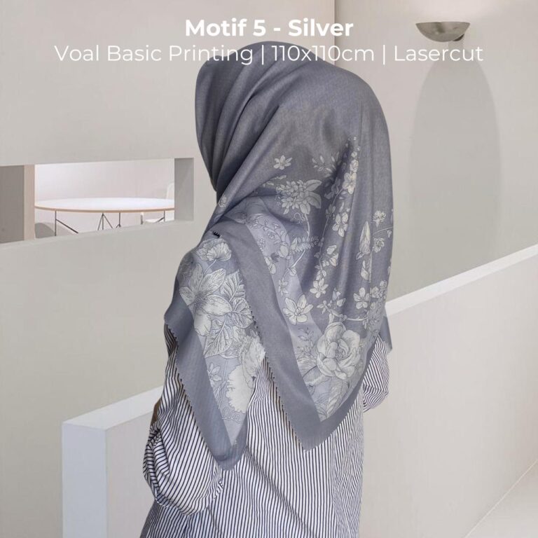 Hijab Voal Motif Floral Silver 110×110 cm Lasercut – Segi Empat Premium